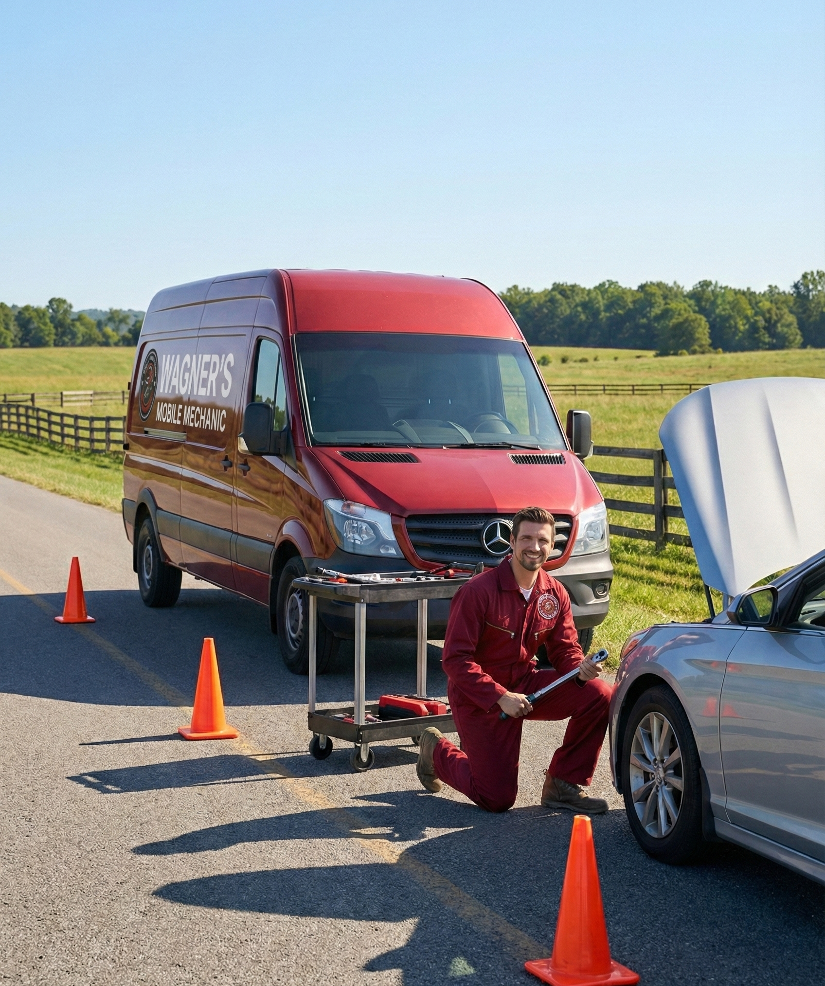 Wagner Mobile mechanic in central north carolina fixing a car by the road in Raleigh NC